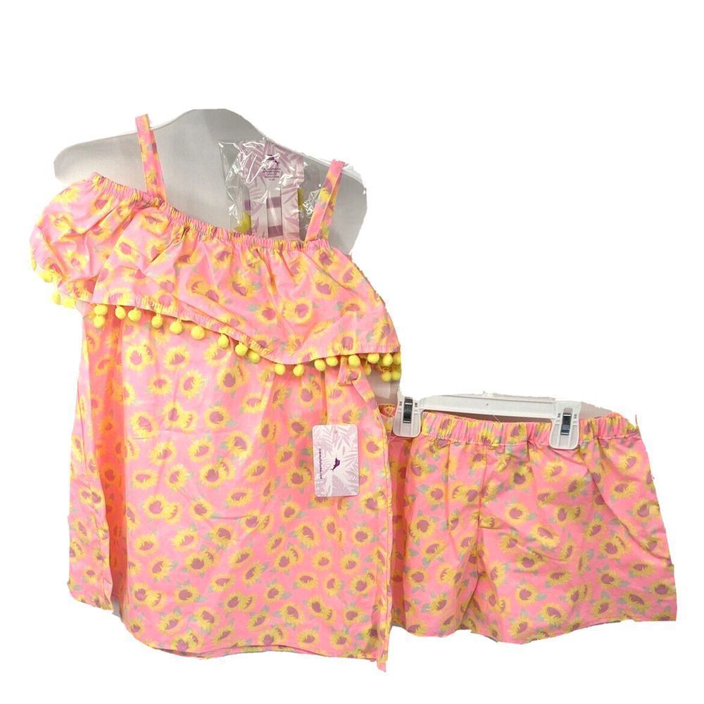 Tommy Bahamas Girls 3 Piece Set Sz L 10 12 Y Sunflowers Top Shorts Barrettes
